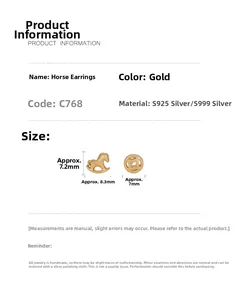 Detail view of gold S925 silver horse and coin stud earrings with matte brushed texture