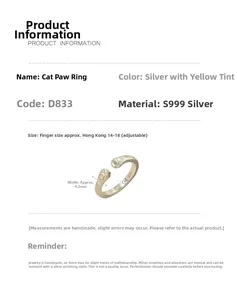 Detail showing S999 sterling silver cat paw ring dimensions and adjustable open band design