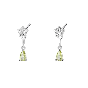 S925 sterling silver star earrings with light green teardrop zircons on white background