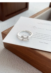 Detailed view of matte brushed silver bow ring on vintage poem card and wooden box
