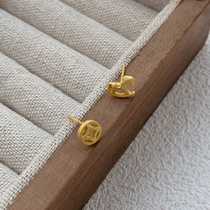 Asymmetric Rocking Horse Ancient Coin Stud Earrings S925 Sterling Silver Post Gold Plated Polished Fashion Women Jewelry