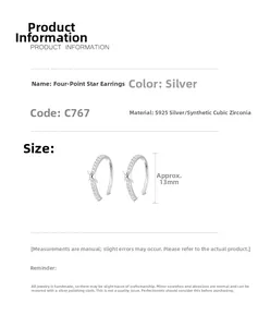 Detailed size chart of S925 sterling silver four-pointed star earrings with zircon inlay