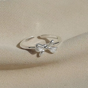 S925 Sterling Silver Bowknot Adjustable Ring Brushed Matte Finish Open Finger Ring For Women Minimalist Dainty Jewelry Gift