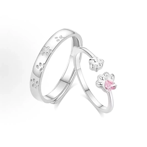 Bagues de couple S999 en argent sterling pattes de chat avec pierre de cœur rose mat
