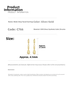 Size chart showing S999 silver water drop tassel earrings dimensions 21.5mm by 4.1mm