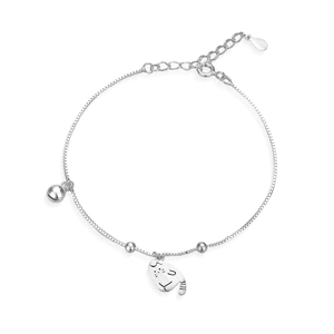 Bracelet chat et cloche en argent sterling S925 avec petites perles et fermoir mousqueton