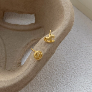 S925 silver asymmetric gold rocking horse and copper coin stud earrings with matte finish