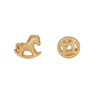 Asymmetric S925 silver horse and coin stud earrings with a matte gold finish