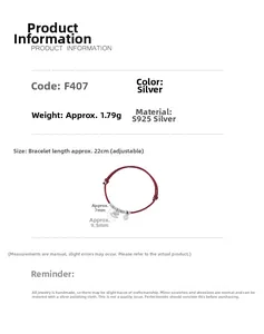 Detail of red woven silver bracelet with S925 horse charm and size specifications