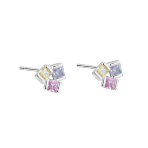 Boucles d'oreilles S999 en argent avec zircons carrés colorés au design minimaliste