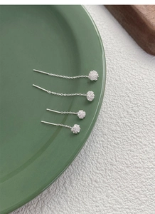 Close-up of S925 sterling silver dandelion tassel earrings with frosted sphere detail