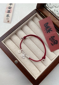 Macro detail of red woven bracelet with silver rocking horse and coin charms in a wooden box
