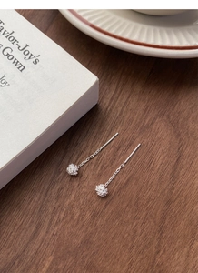 Detailed view of S925 sterling silver dandelion tassel earrings on a wooden table