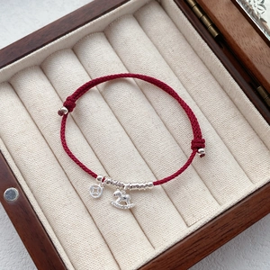 S925 Sterling Silver Red String Bracelet For Women New Chinese Style National Zodiac Horse Coin Rhinestone Braided Rope Bracelet Jewelry Gift