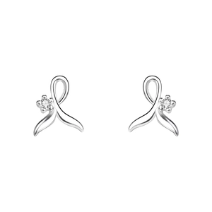 Elegant S999 sterling silver fishtail stud earrings with sparkling round zircon stones