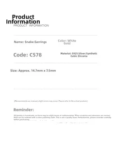 Detailed specifications card for S925 silver snake stud earrings with zirconia stones