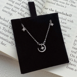 S999 Sterling Silver Star Moon Pendant Necklace For Women Fine Zirconia Inlaid Adjustable Clavicle Chain Jewelry Elegant Gift