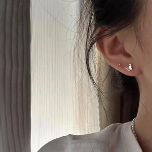 Minimalist double-layered silver butterfly studs and micro round bead earrings for women