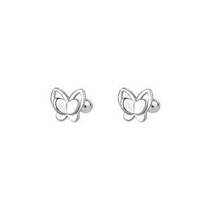 Stereo silver double-layered butterfly stud earrings with secure screw ball backings