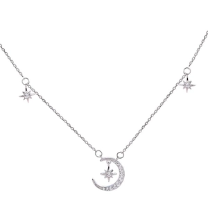 S999 pure silver moon and star necklace with micro-paved cubic zirconia diamonds
