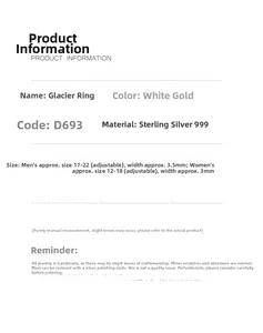 Size chart for S999 silver glacier rings for couples with adjustable open band details
