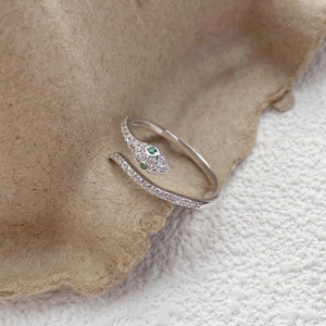 925 Sterling Silver Snake Ring Adjustable Opening Cubic Zirconia Green Eyes Animal Shape Finger Ring For Women Niche Jewelry