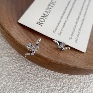 S925 sterling silver snake stud earrings with colorful cubic zirconia stones