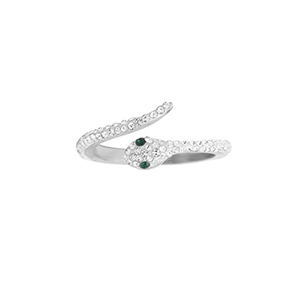 S925 Sterling Silver snake ring with white crystals and green gemstone eyes in wrap style