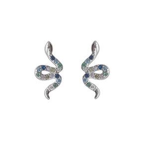 S925 sterling silver snake stud earrings with colorful cubic zirconia in S-shape design