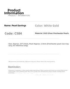 Detailed size chart for S925 silver spiral earrings with freshwater pearls in white gold