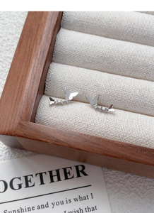 Gros plan de boucles d'oreilles papillon en argent avec zircons dans un écrin à bijoux