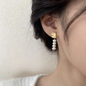 French baroque S925 silver earrings with gold metal and four dangling freshwater pearls