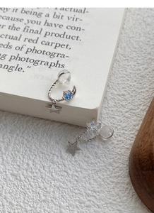 Detail of S925 silver star moon clip-on earrings with blue stones and twisted metal texture