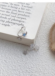 Detail shot of S925 sterling silver star moon earrings with blue cubic zirconia gems
