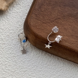 S925 sterling silver star moon asymmetric clip earrings with blue and white zircon