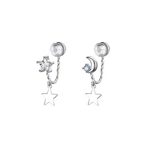 Asymmetric S925 sterling silver star and moon clip-on earrings with zircon pendants