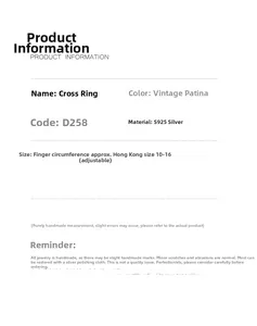 Detailed size guide for S925 sterling silver cross ring with adjustable band specifications