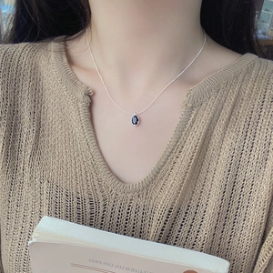 S925 Sterling Silver Black Zirconia Oval Pendant Necklace For Women Minimalist Personalized Clavicle Chain Jewelry Gift