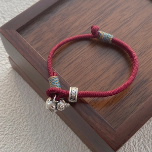 S999 silver gourd charm bracelet with handmade red woven rope in neo-chinese retro style