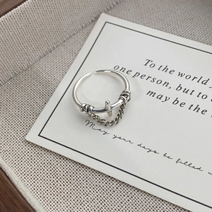 Retro S925 sterling silver adjustable open ring with cross charm and delicate chain link