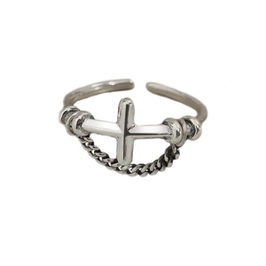 Retro S925 sterling silver chain cross open ring with vintage finish for women