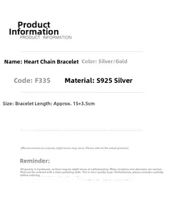 Size specifications and material details for the S925 sterling silver heart chain bracelet