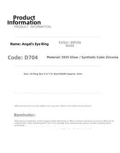 Size chart and specifications for Angel's Eye S925 silver ring with cubic zirconia