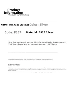 Specifications of S925 sterling silver snake charm red string bracelet with size details