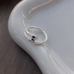 Adjustable S925 sterling silver snake ring with scales and sparkling zircon stones