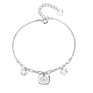 S925 sterling silver daisy bracelet with snowflake charms and heart tag on white background