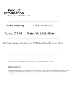 Detailed size chart for S925 silver oval ring showing adjustable band and 9.6mm face width