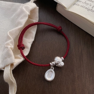 S925 sterling silver red cord bracelet with zodiac snake and blessing pendant charms