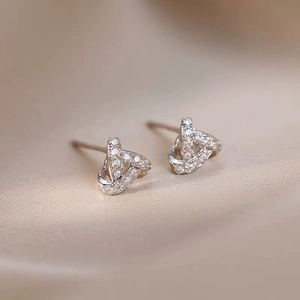 Elegant S999 Fine Silver Triangle Knot Stud Earrings Geometric Cubic Zirconia Inlaid Daily Commute Jewelry For Women Gift