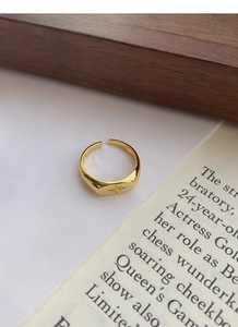 Detailed shot of golden starburst engraved adjustable ring on book pages